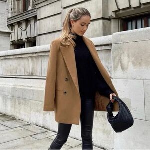 Mango 80% Wool Blend Camel Double-Breasted Peacoat